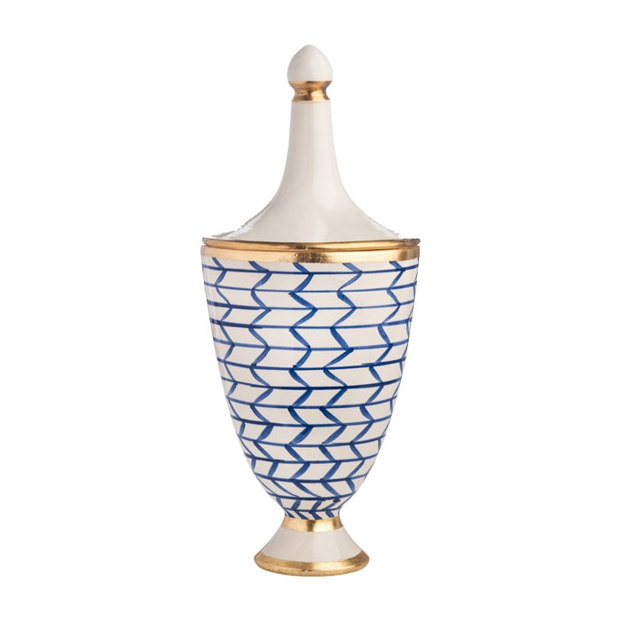 blue white zig zag urn lid gold bands