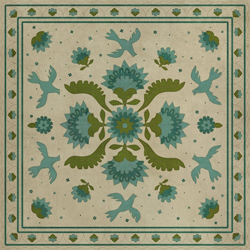 vinyl floor mat square rug beige folk art birds beige aqua green
