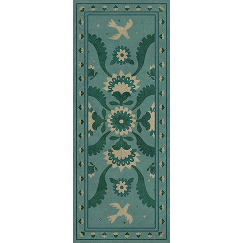 vinyl floor mat runner rug aqua turquoise green beige folk art
