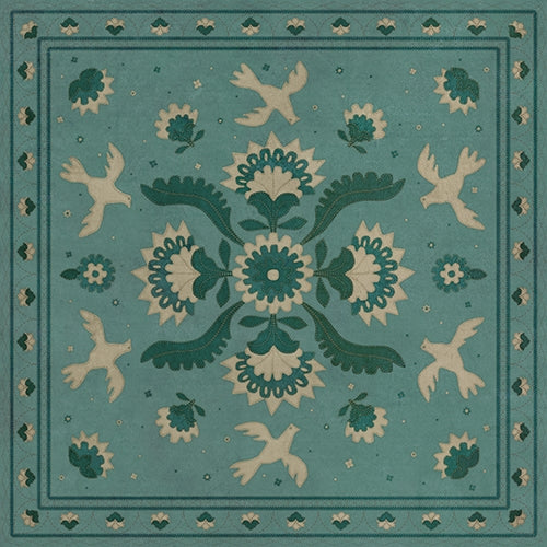 vinyl floor mat square rug aqua turquoise green beige folk art