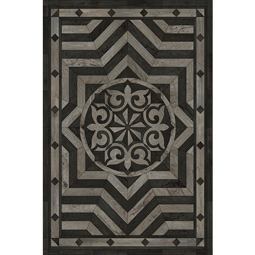 Spicher & Co. vinyl floorcloth floor mat wood inlays star pattern gray black wood