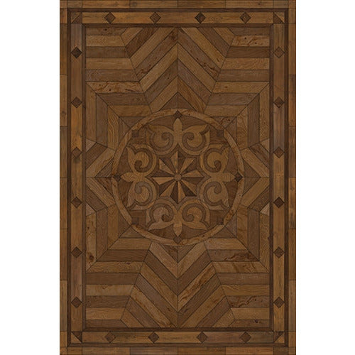 Spicher & Co vinyl floorcloth floor mat wood inlays browns medallion star