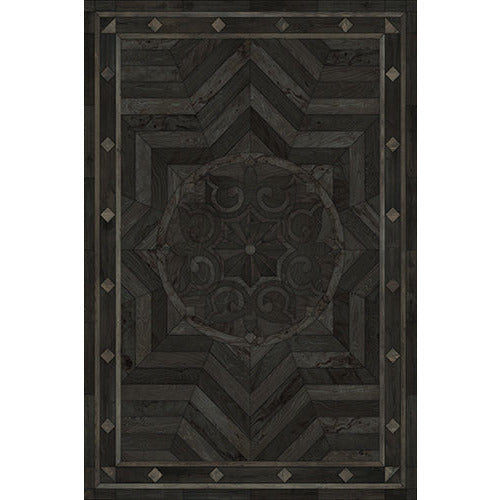 Spicher & Co vinyl floorcloth floor mat wood inlays black gray medallion star