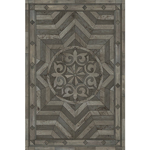Spicher & Co vinyl floorcloth floor mat wood inlays shades gray medallion star