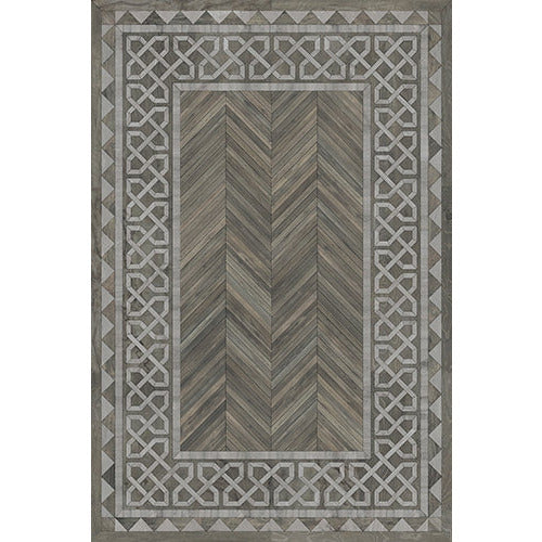 Spicher & Co. vinyl floorcloth floor mat wood inlays herringbone gray vintage border chair mat