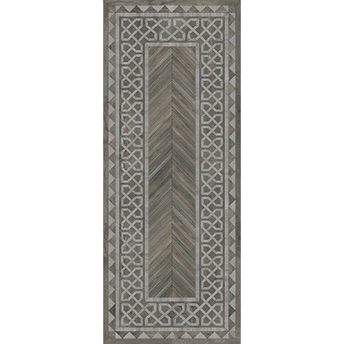 Spicher & Co. vinyl floorcloth floor mat wood inlays herringbone gray vintage border runner chair mat