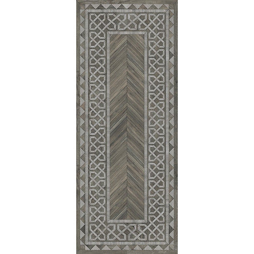 Spicher & Co. vinyl floorcloth floor mat wood inlays herringbone gray vintage border runner chair mat
