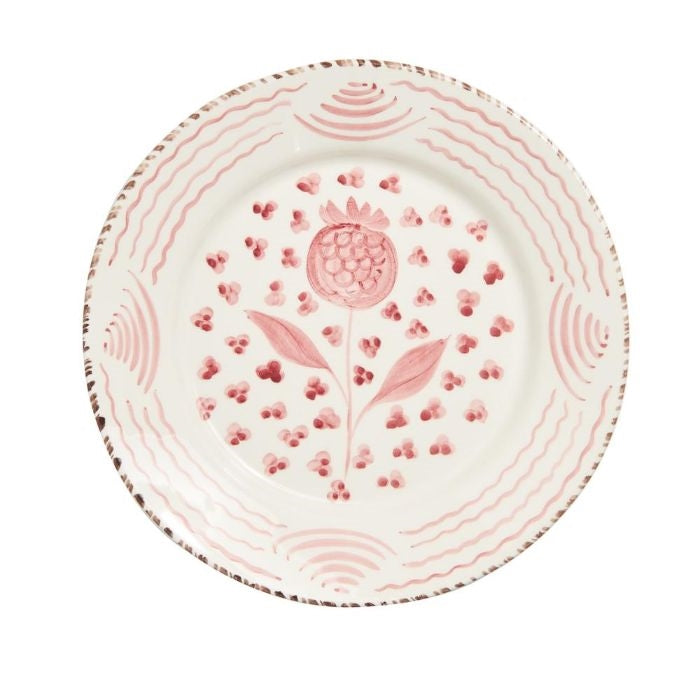 Abigails Casa Nuno Pink Pomegranate Dinner Plates (set of 2) feature pink floral motifs and rim accents.