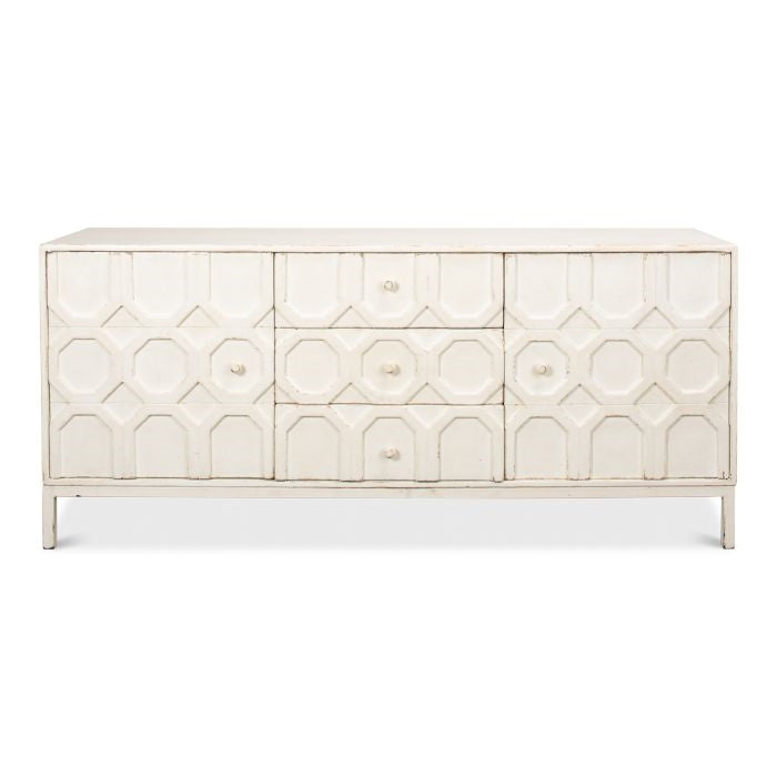 distressed antique white sideboard with lattice-facade