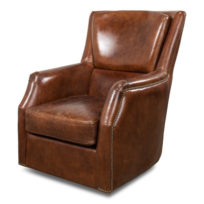 brown leather swivel armchair
