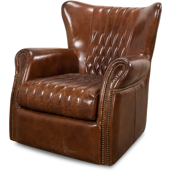 brown leather swivel wing chair