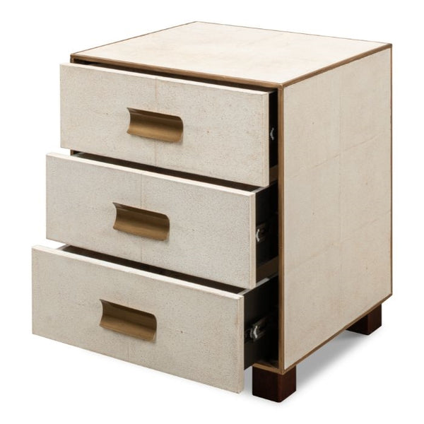 off-white shagreen leather 3-drawer side table nightstand
