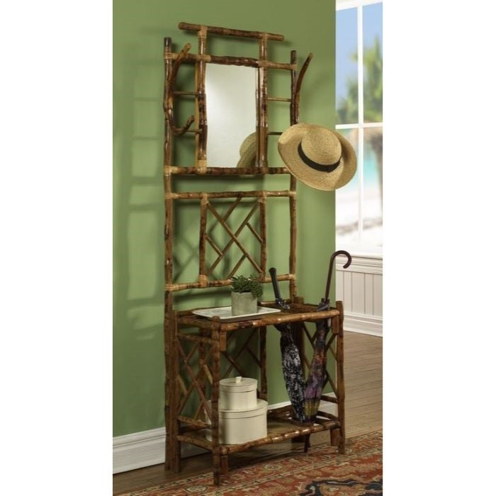 Tortoise Finished Hall Tree with Shelf and MirrorUnique bamboo entry way piece