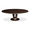 round wood dining table dark brown metal bands pedestal base contemporary