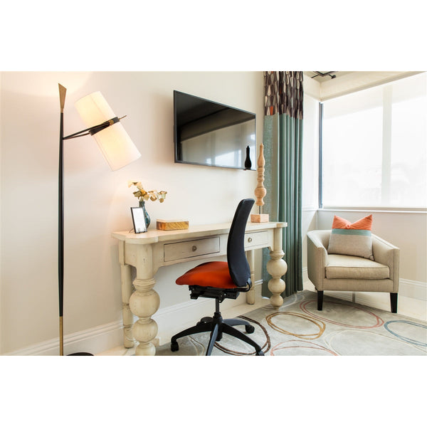 floor lamp iron black antique brass off-white linen shade contemporary