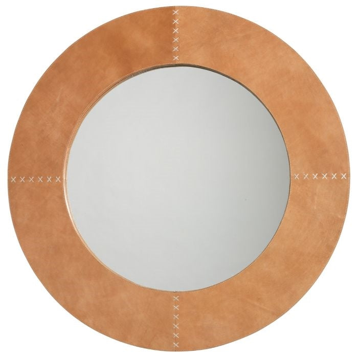 cross stitch buff leather round mirror neutral