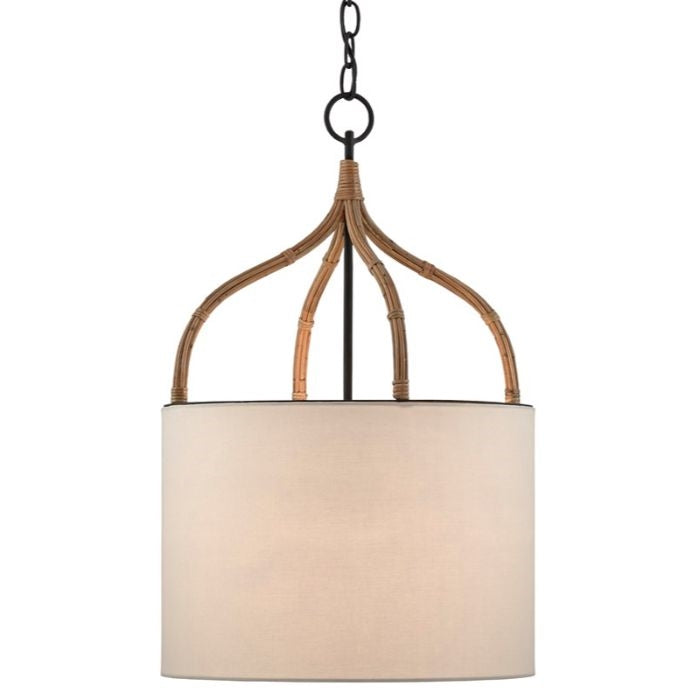 wicker wrapped rattan pendant with off-white shade