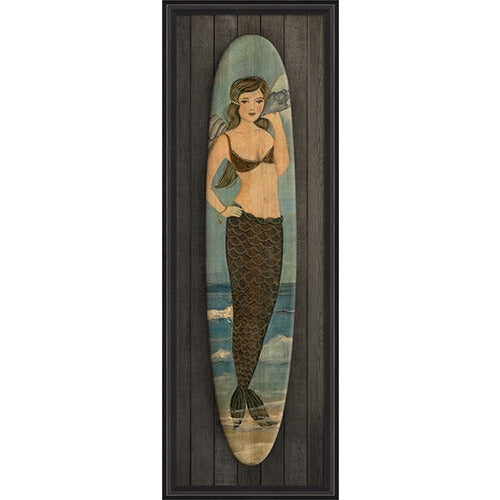 Spicher & Company coastal wall art  surfboard mermaid vintage wood slats frame glass vertical