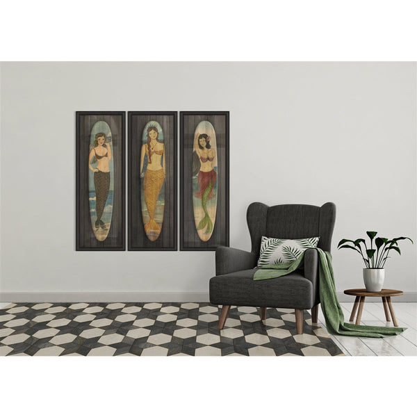 Spicher & Company coastal wall art  surfboard mermaid vintage wood slats frame glass vertical