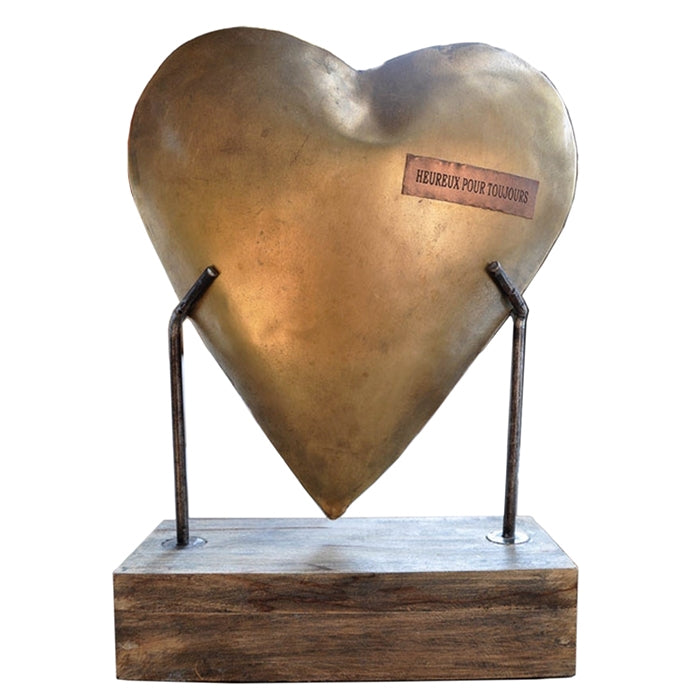Unique Metal Heart on Wooden Base - Heureux Pour Toujours