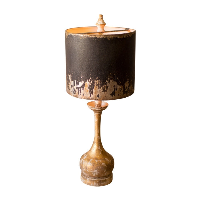 table lamp wood base distressed metal black gold shade rustic