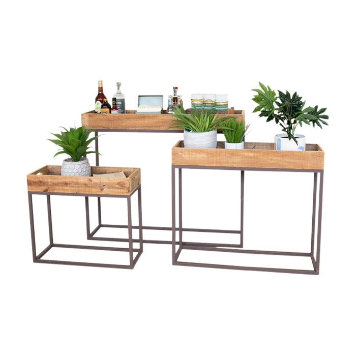 set 3 rustic reclaimed wood tray console tables metal bases