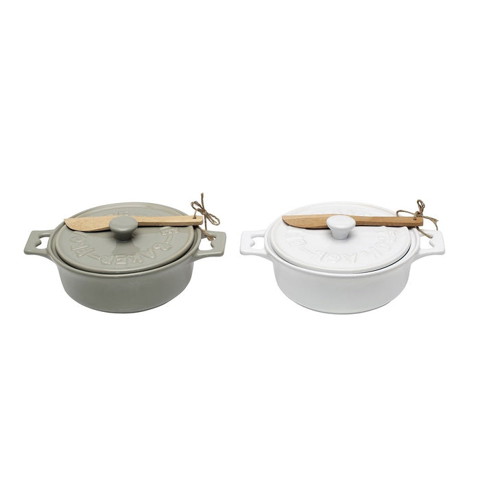 set 2 colors stoneware brie baker wood spreader Oprah's Favorite white gray