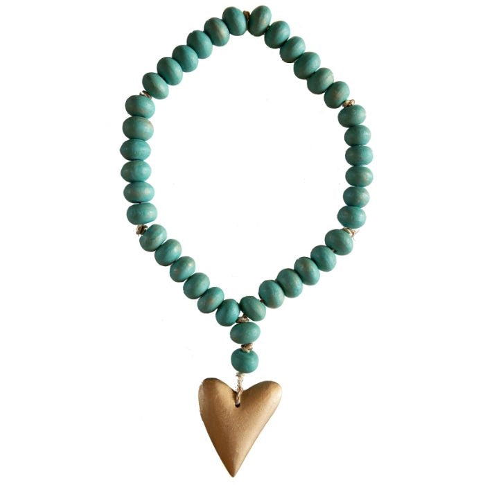 aqua wood beads pendant gold heart