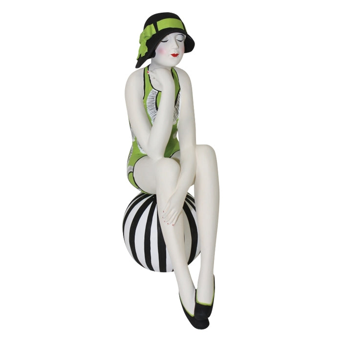 Decorative Bather Figurine - Lime Green Suit on Black and White Striped Ball