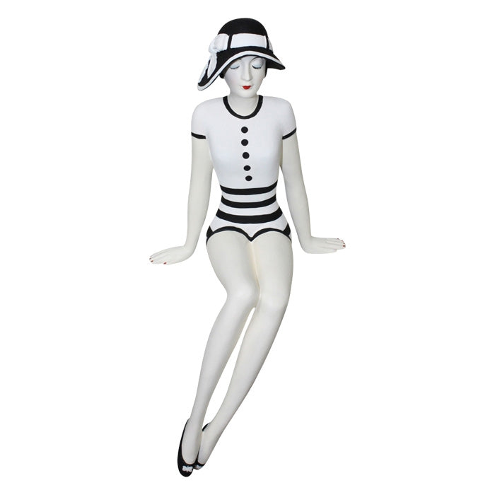 Decorative Bather Figurine - Black and White Suit/ Sun Hat and Stripe Accents