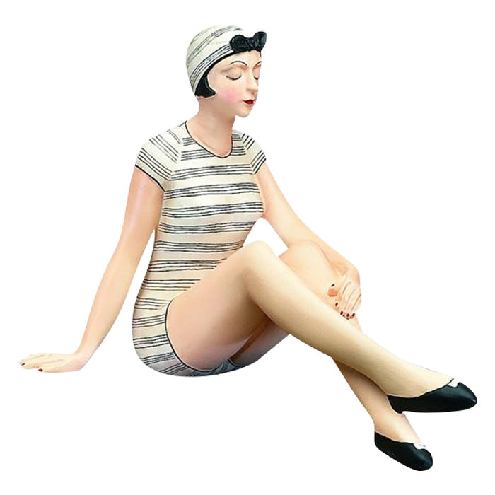 Decorative Bather Figurine - Black and White Stripe Suit with Swimming Cap