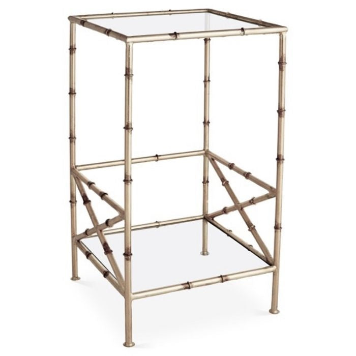 accent table antique silver finish iron bamboo two tier glass shelves