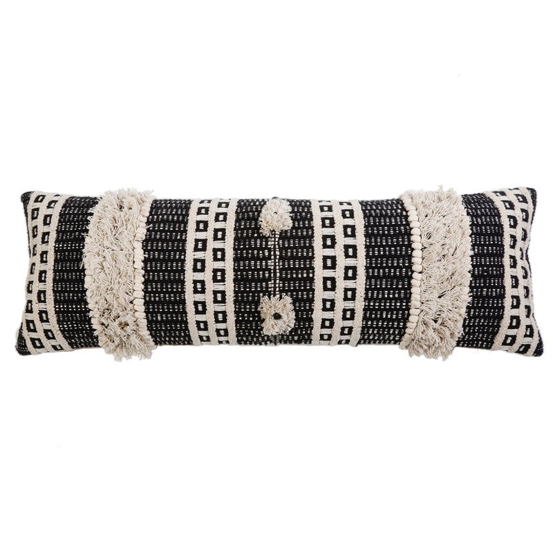 bolster accent pillow black ivory stitching knots tassels pom poms woven stripes insert