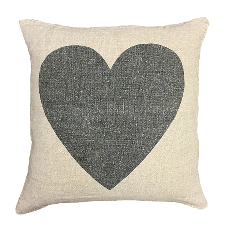 pillow linen stonewashed square natural black heart