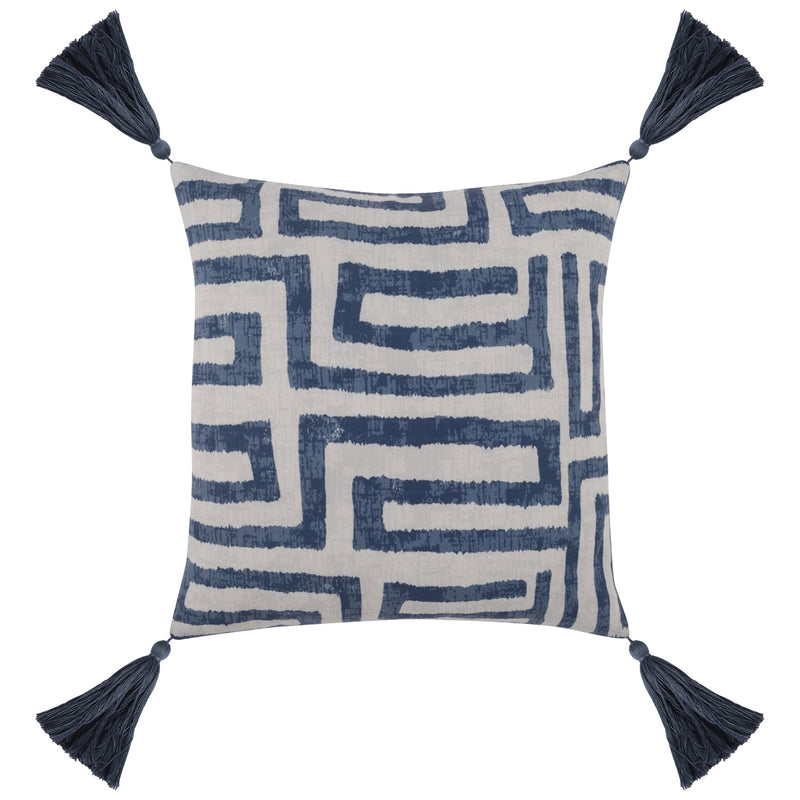 square blue off-white indoor/outdoor contemporary pillow tassels 20"