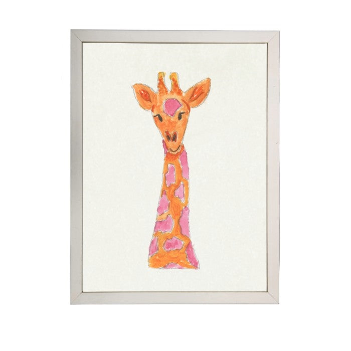wall art children's watercolor pink orange giraffe silver frame