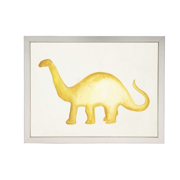 wall art children's water color yellow brontosaurus dinosaur framed silver frame Antique Curiosities