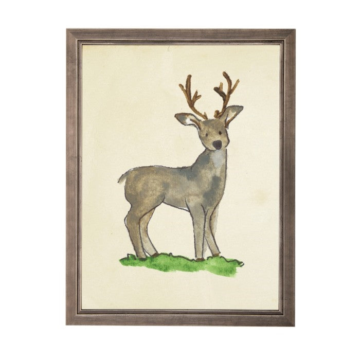 wall art deer animal water color grey/blue frame wood glass reproduction  Antique Curiosities