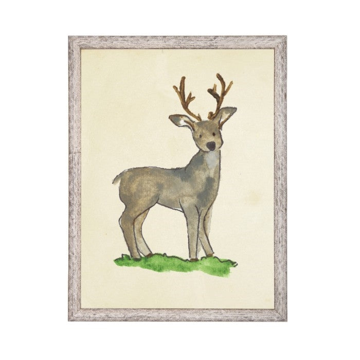 wall art deer animal water color grey/blue frame wood glass reproduction  Antique Curiosities