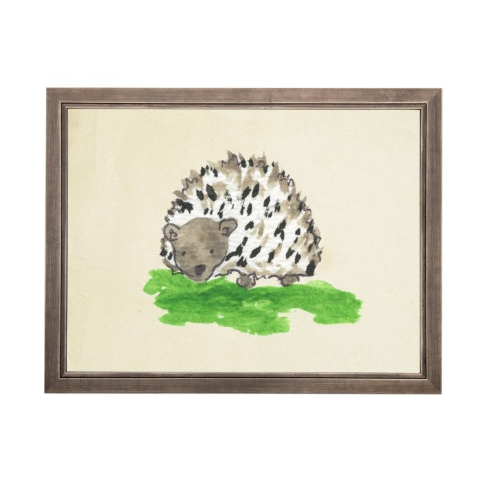 wall art porcupine animal water color grey/blue frame wood glass reproduction Antique Curiosities