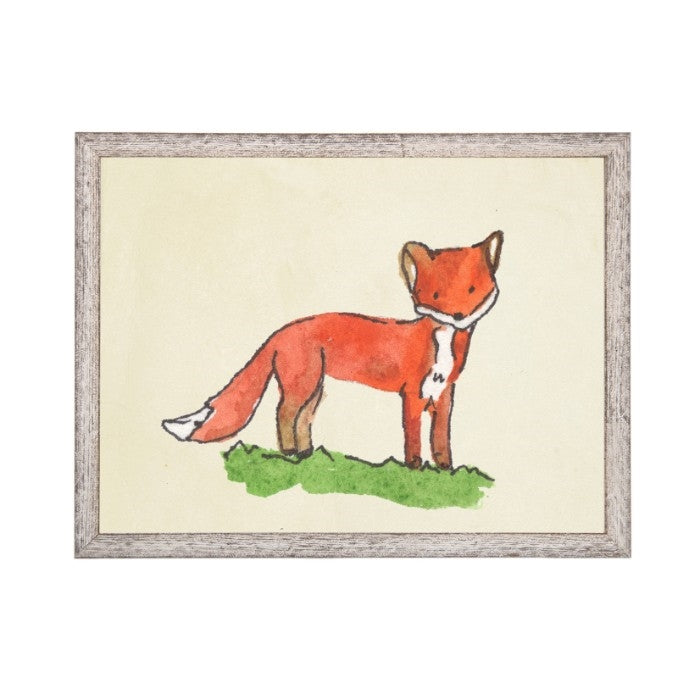 wall art fox animal water color grey/blue frame wood glass reproduction Antique Curiosities