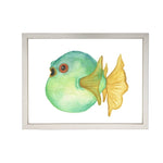 wall art children's watercolor green yellow puffer fish silver frame