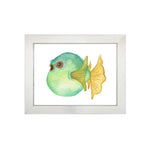 wall art children's watercolor green yellow puffer fish silver frame