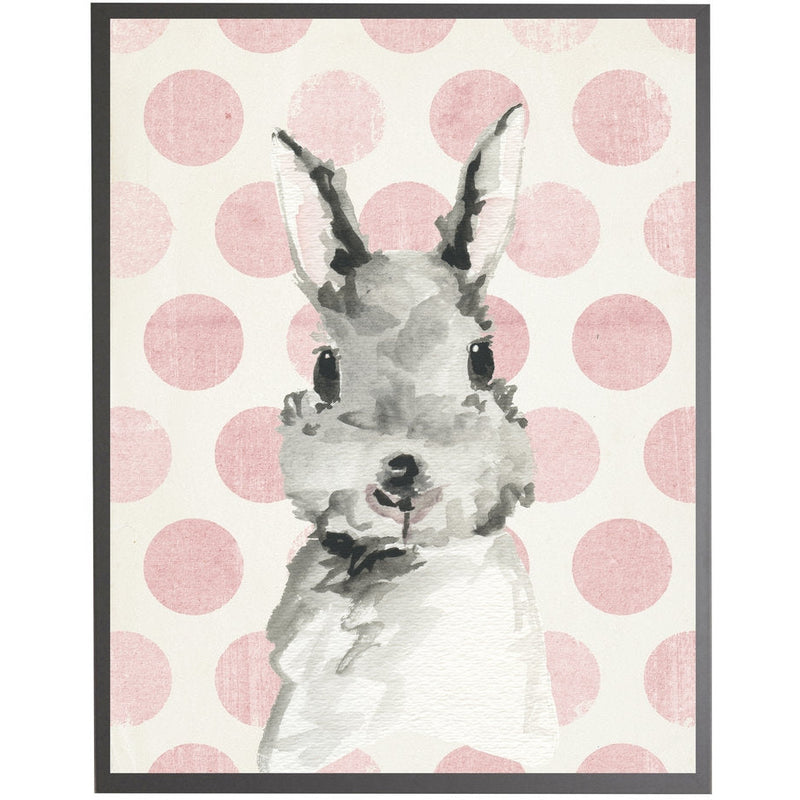 rectangle art print watercolor baby bunny rabbit grey wood frame pink dots