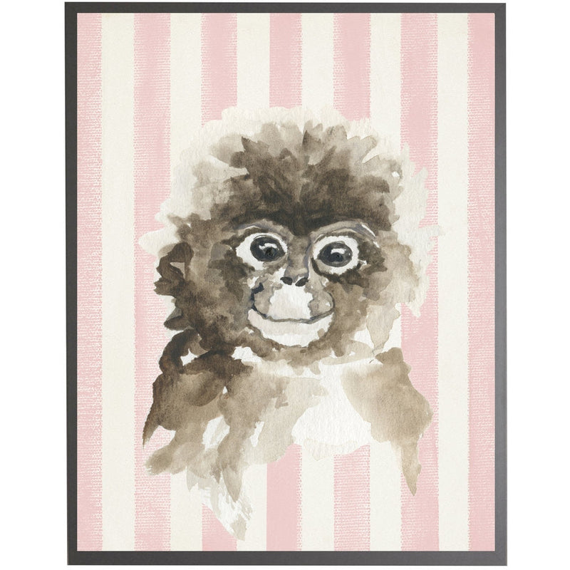 rectangle art print watercolor baby monkey grey wood frame pink stripes