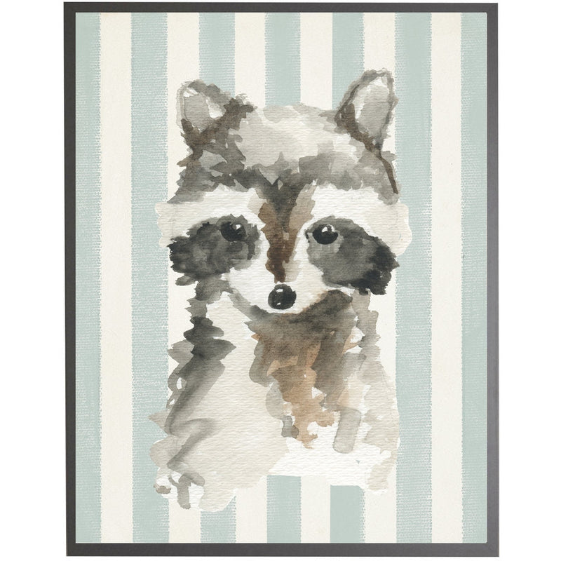 rectangle art print watercolor baby raccoon grey wood frame blue stripes