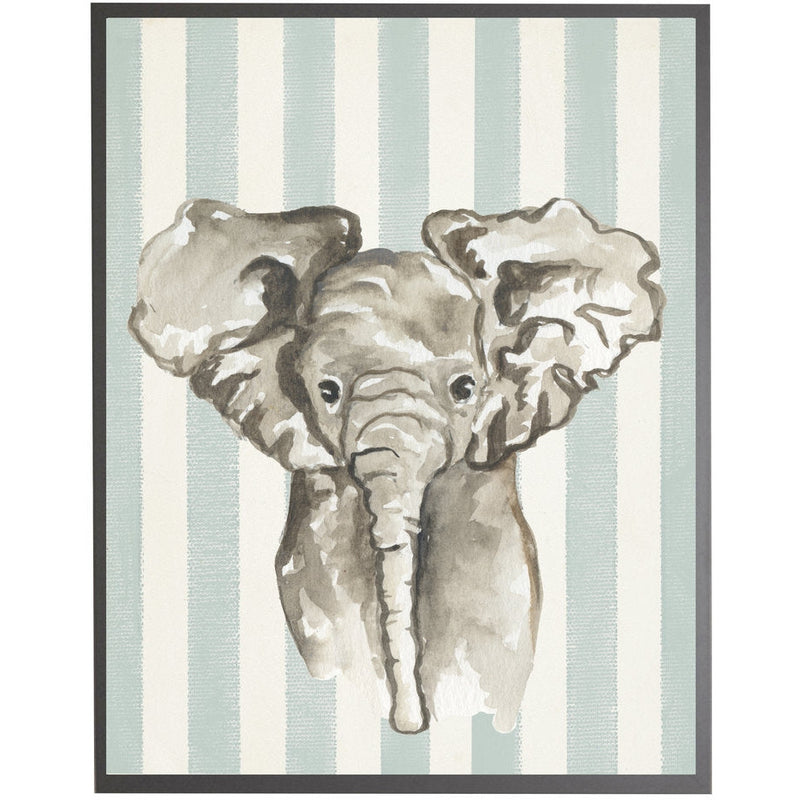 rectangle art print watercolor baby elephant grey wood frame blue stripes