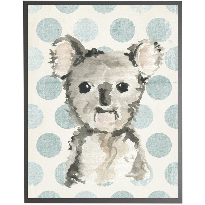 rectangle art print watercolor baby koala bear grey wood frame blue dots