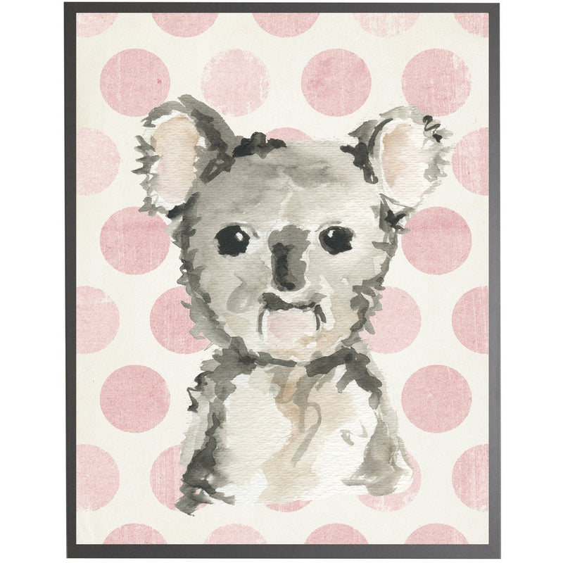 rectangle art print watercolor baby koala bear grey wood frame pink dots