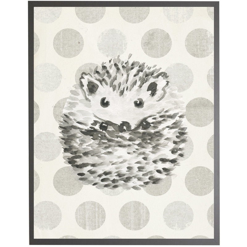 rectangle art print watercolor baby hedgehog grey wood frame grey dots